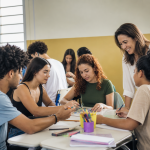 Estudantes de licenciatura participam de atividade formativa em escola pública, representando o programa Pibid