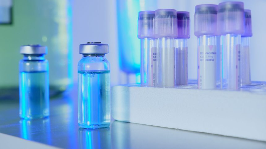 Frascos e tubos de ensaio com líquido azul em um laboratório iluminado por luz fluorescente