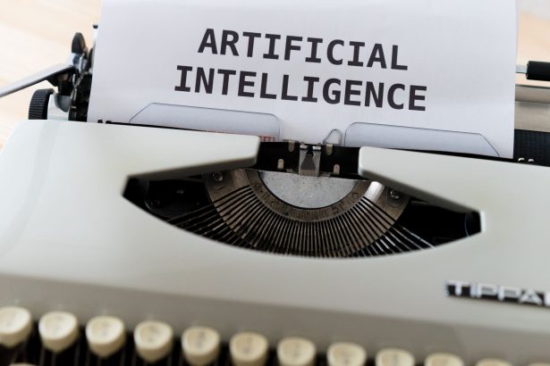 Máquina de escrever com as palavras “ARTIFICIAL INTELLIGENCE” em uma folha de papel.
